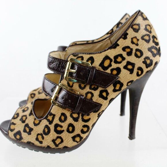 Michael Michael Kors Brown Calf Hair Leopard Peep Toe Mary Jane Heels SZ 7.5M - Picture 1 of 7